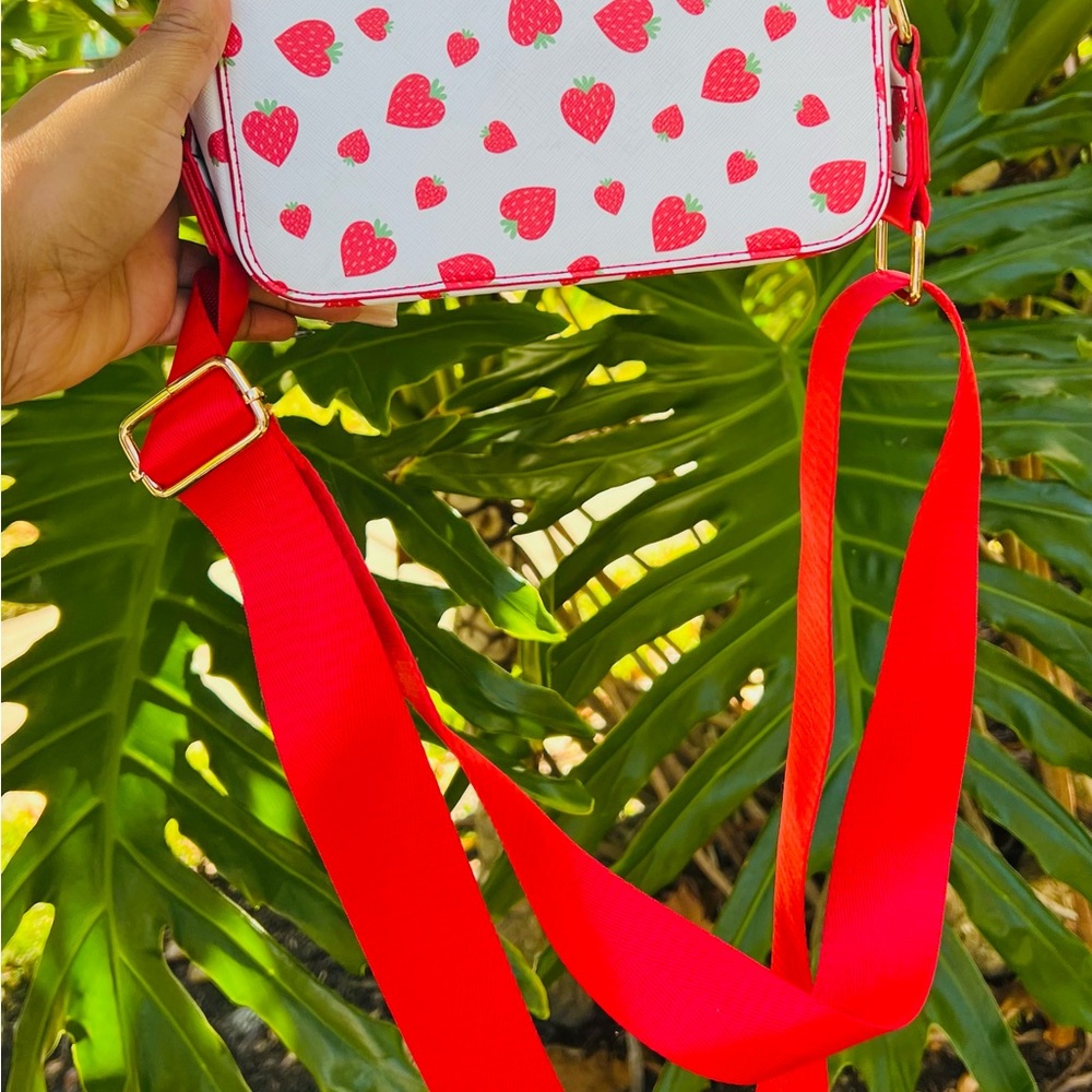 Strawberry Print Crossbody Bag with Red Strap